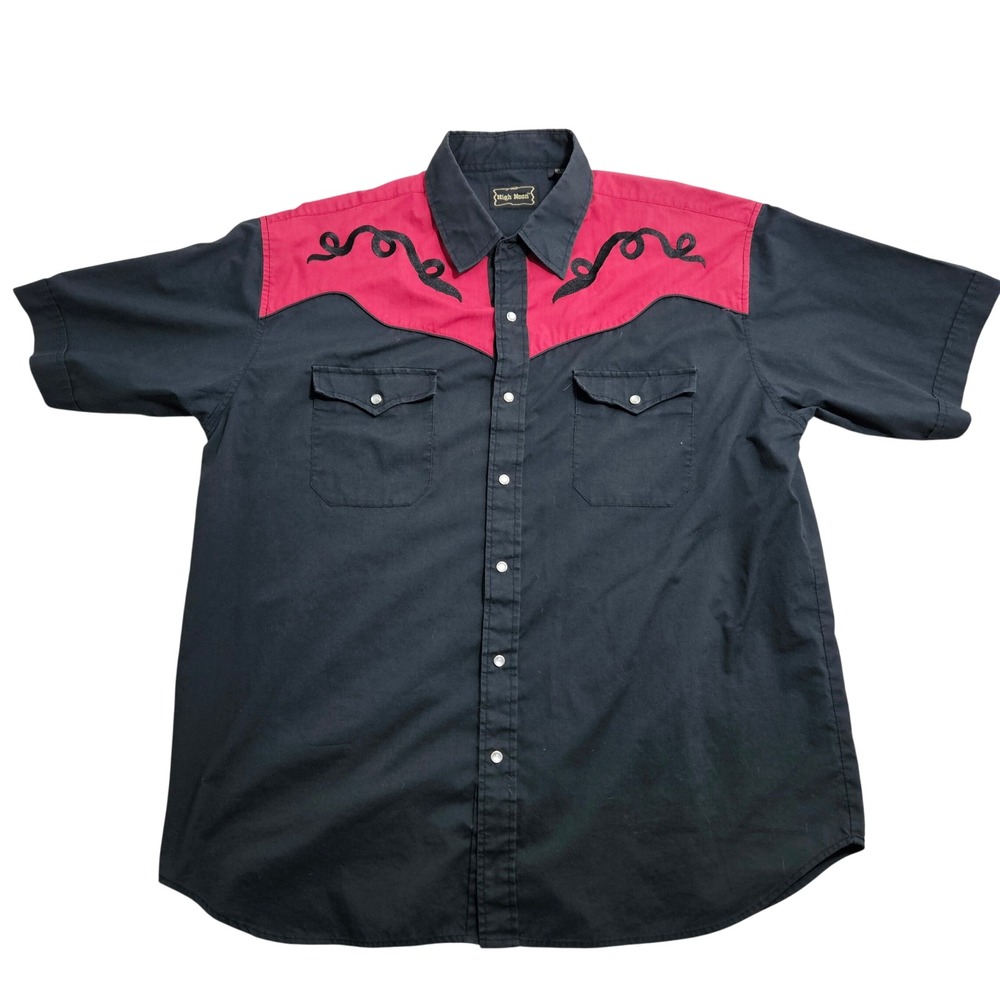 High Noon Western Shirt XL Black Red Embroidered Pearl Snap Short Sleeve Vintage